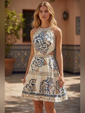 Commense Ivory Mini Dress with Navy Floral Print